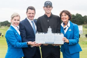 13-09-15 European Tour 2015, KLM Open, Kennemer G&CC, Zandvoort, The Netherlands. 10-13 Sep. Thomas Pieters of Belgium during the price ceremony..